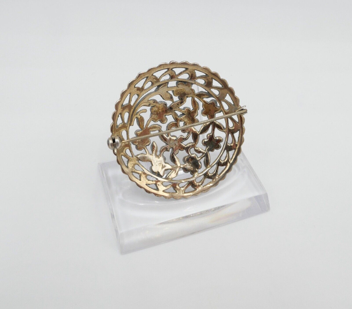 Jugendstil Brosche floral 835 Silber vergoldet mit Markasiten Ø 40 mm - Antikhandel-Stuttgart