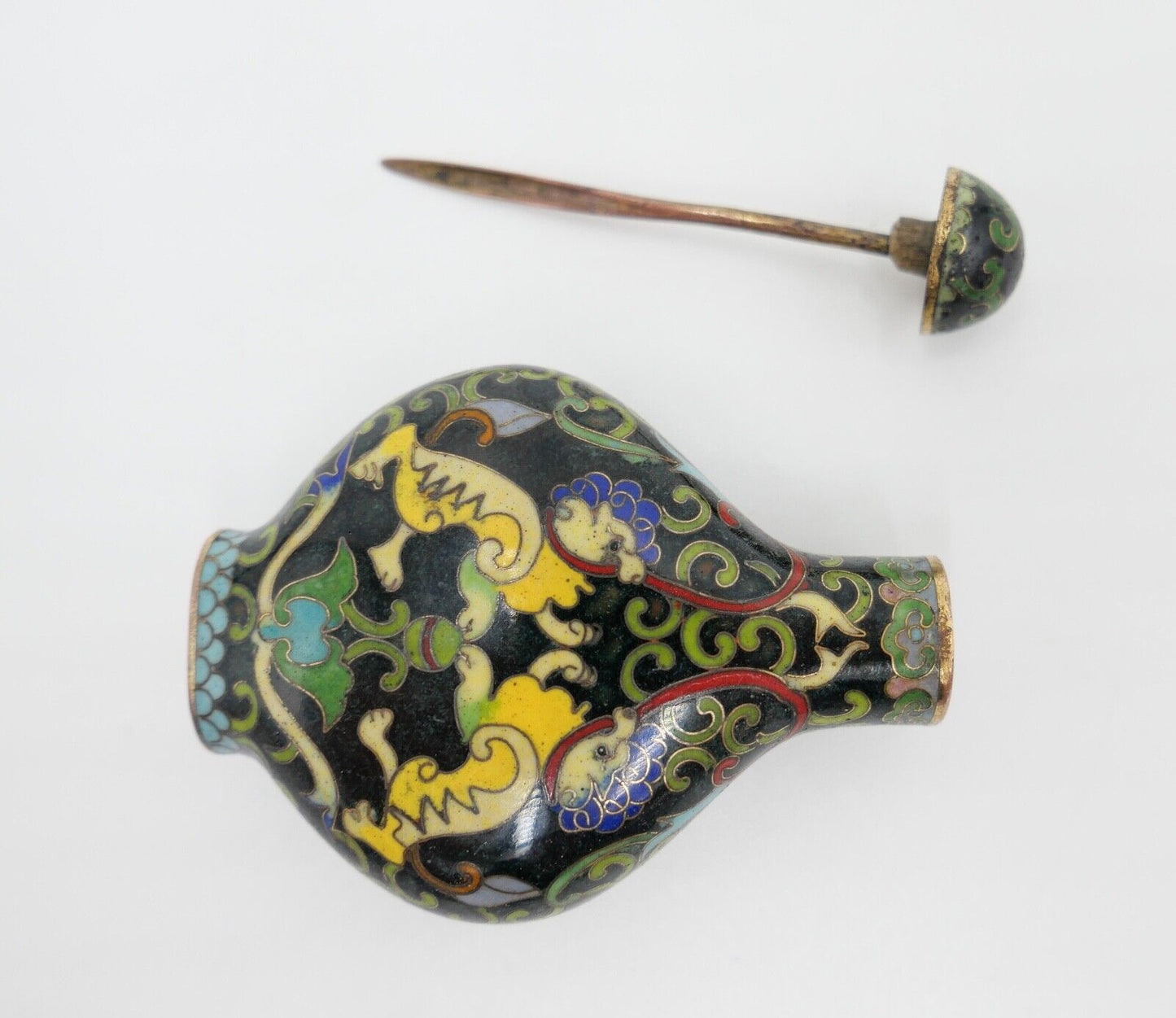 Alte Schnupftabakflasche Cloisonné Bronze CHINA Drachenmotive - Antikhandel-Stuttgart