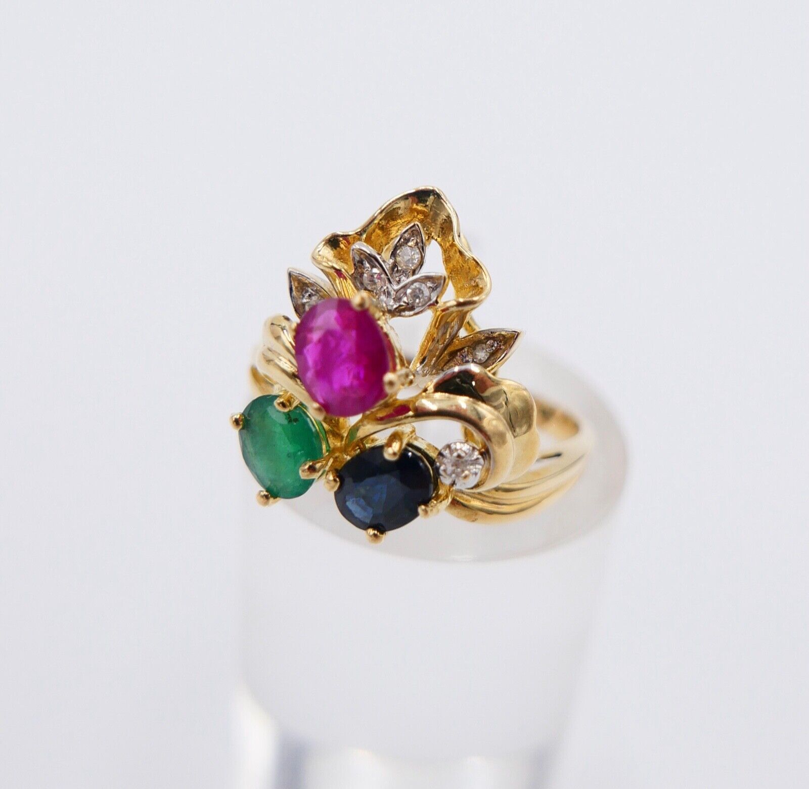 Gelbgold Ring Bunte Edelsteine 585 14K Gr.54 Diamant Smaragd Rubin Saphir 1,11Ct - Antikhandel-Stuttgart