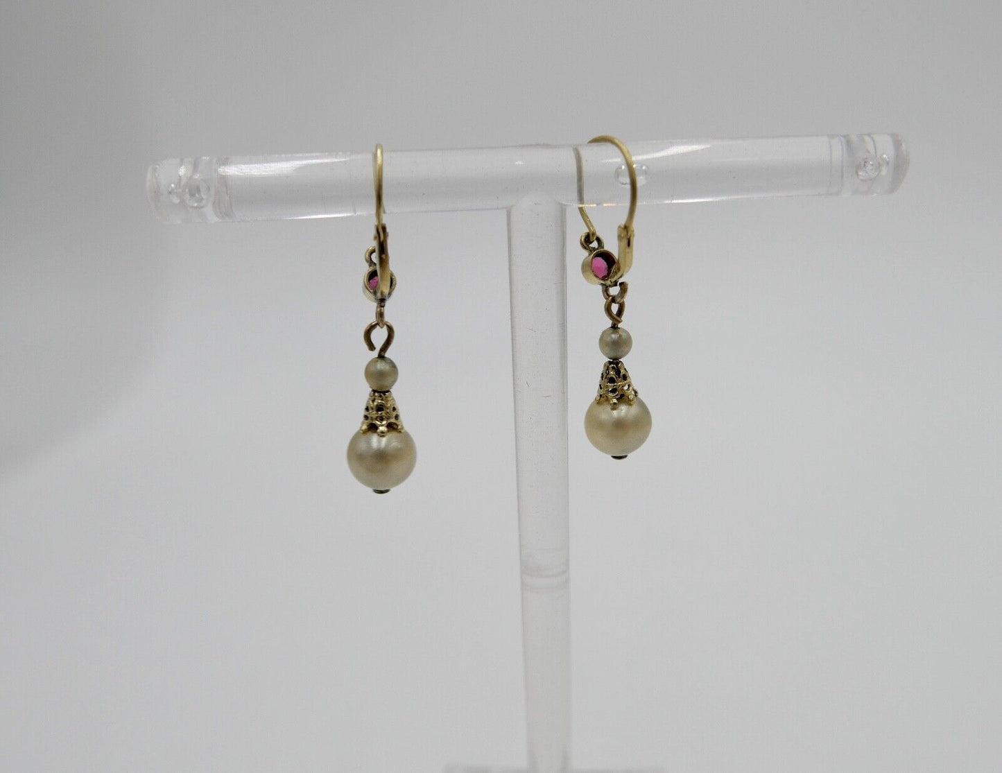 50er Jahre Ohrringe Ohrhänger mit Perlen & Glasstein GOLD 333 / 8K Perle Ø 6,3mm - Antikhandel-Stuttgart