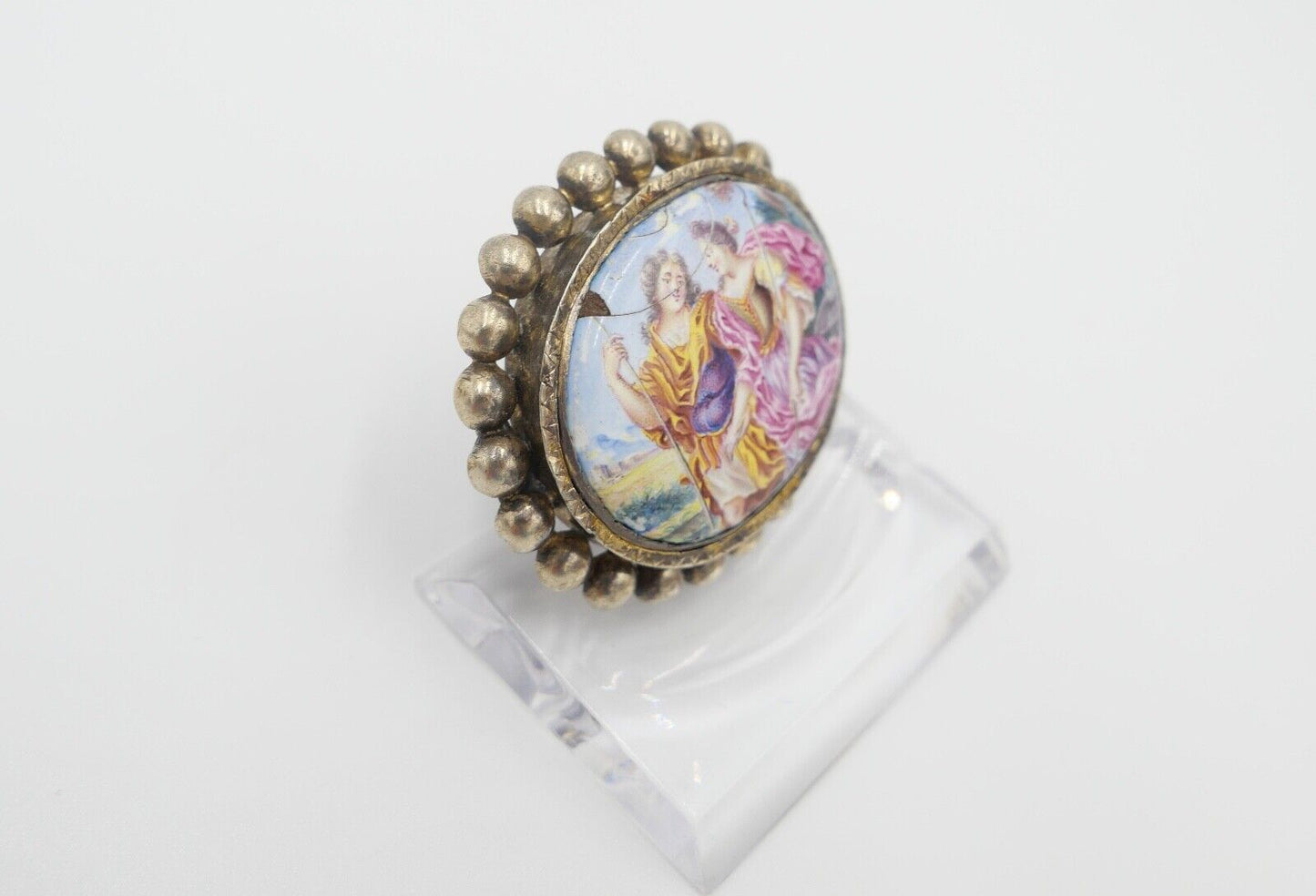 antike Brosche aus dem 19. Jh Silber vergoldet Emaille Barock Szene - Antikhandel-Stuttgart