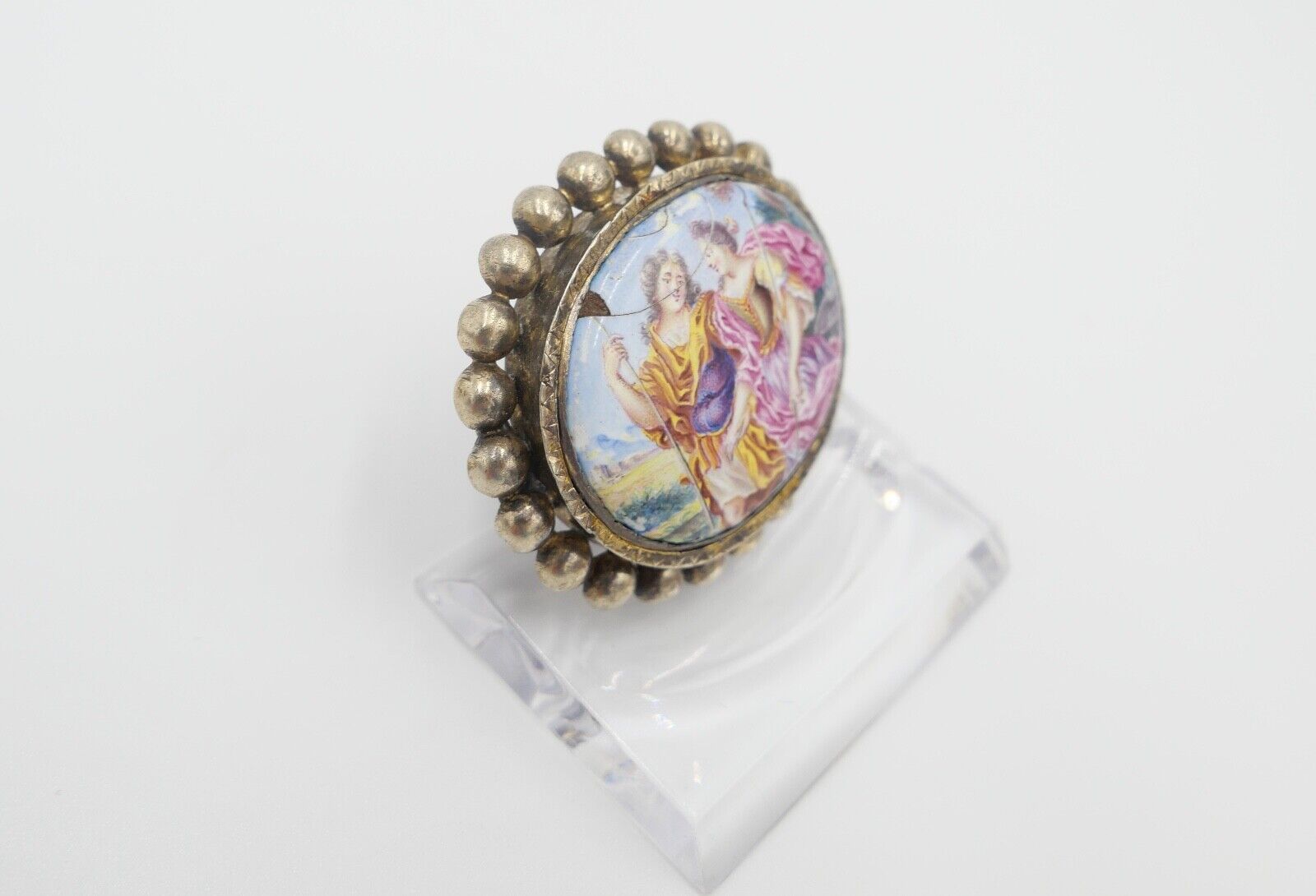 antike Brosche aus dem 19. Jh Silber vergoldet Emaille Barock Szene - Antikhandel-Stuttgart