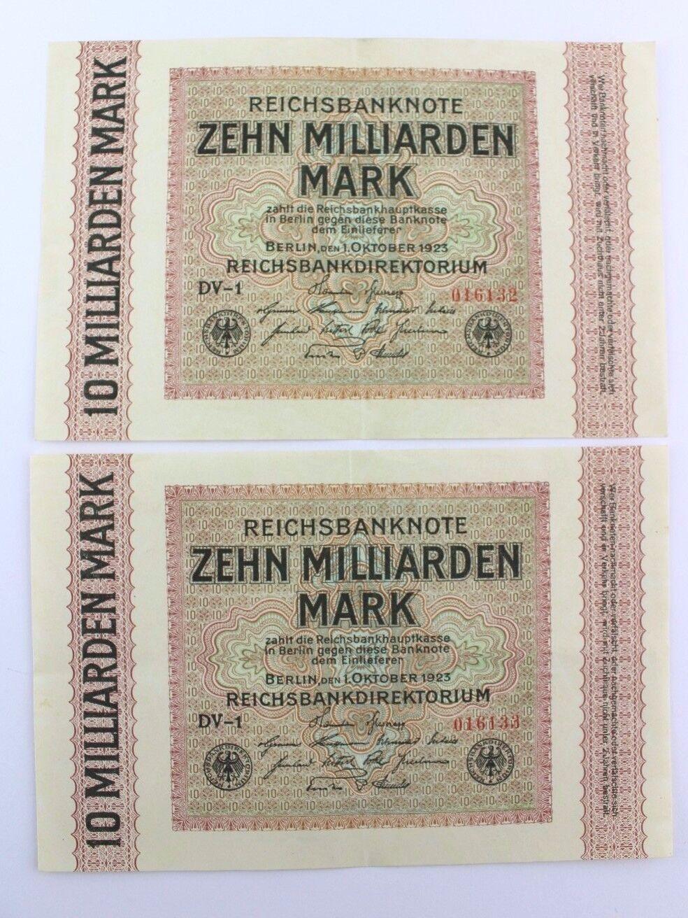 2x Ro. 114a Banknote 10 Milliarden Mark fortlaufende Nummer 1923 TOP old Bill - Antikhandel-Stuttgart