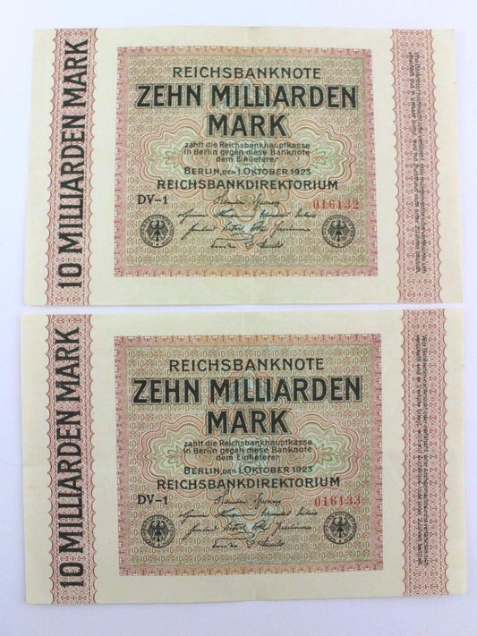 2x Ro. 114a Banknote 10 Milliarden Mark fortlaufende Nummer 1923 TOP old Bill - Antikhandel-Stuttgart