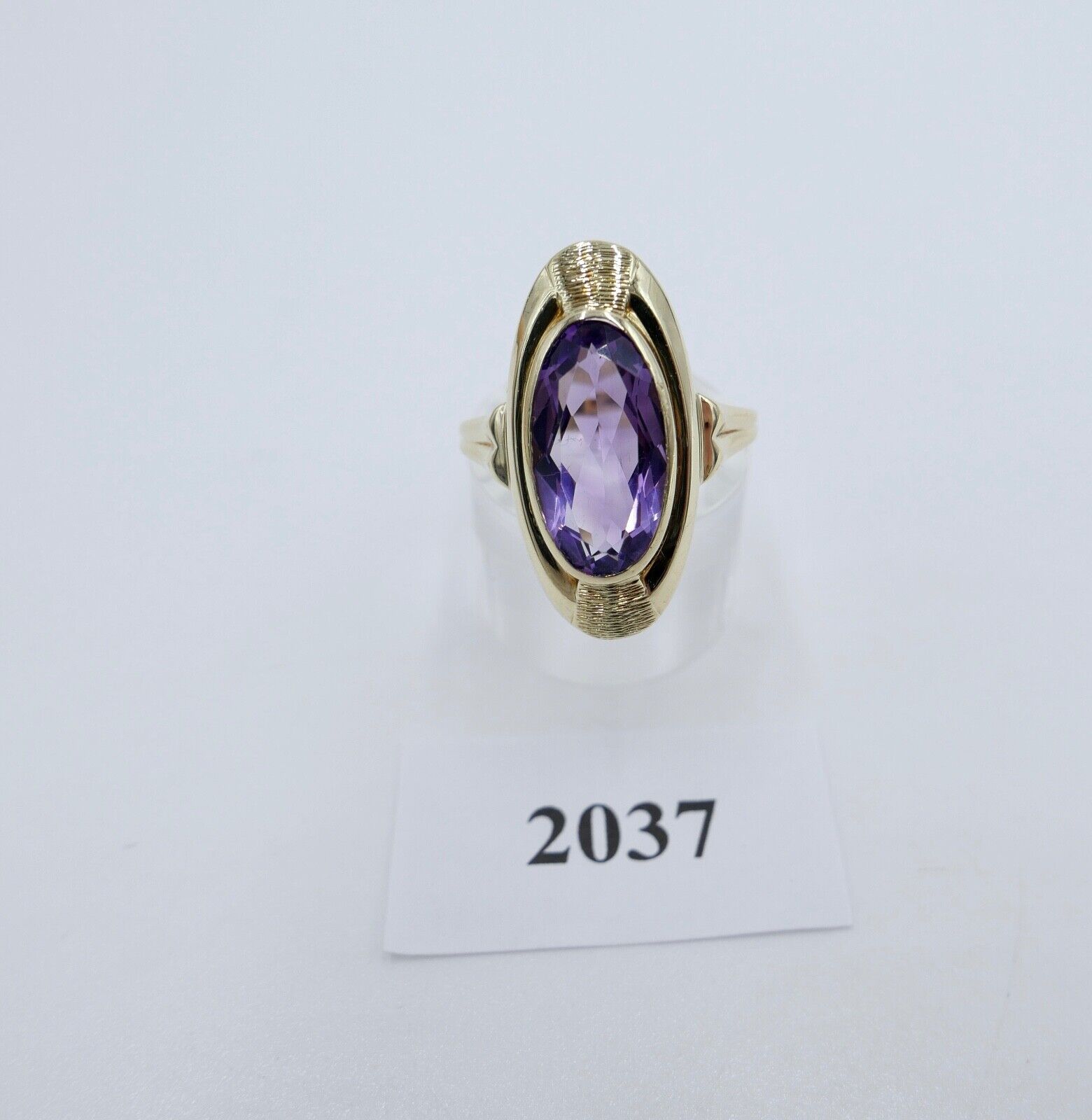 50er Jahre Damenring Gold 585 / 14K mit oval lila Amethyst Gr. 61 - Antikhandel-Stuttgart