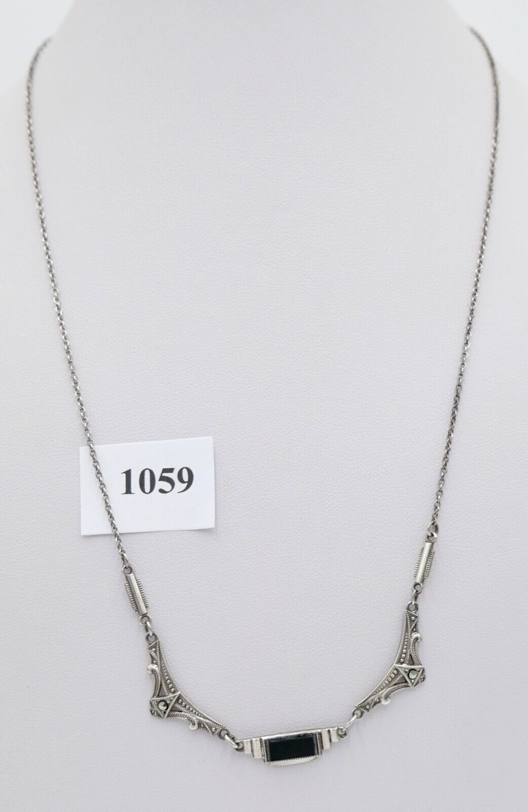 Antike filigrane 800 Silber Kette Collier 50 cm mit Markasiten und Onyx - Antikhandel-Stuttgart