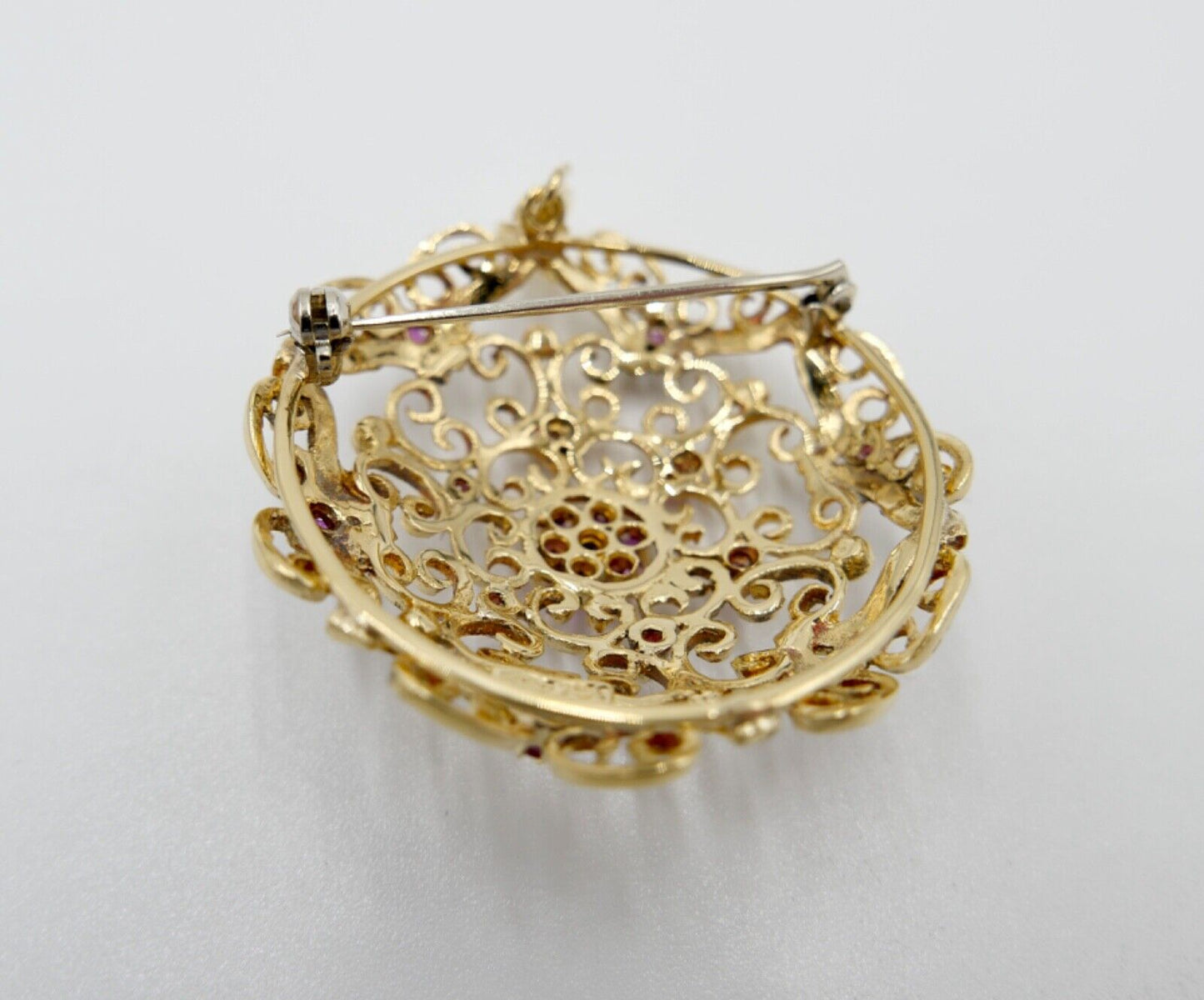 Filigrane Gelbgold Brosche & Anhänger Rubin Saphir Blaue Emaille Ø 40mm 750 18K - Antikhandel-Stuttgart