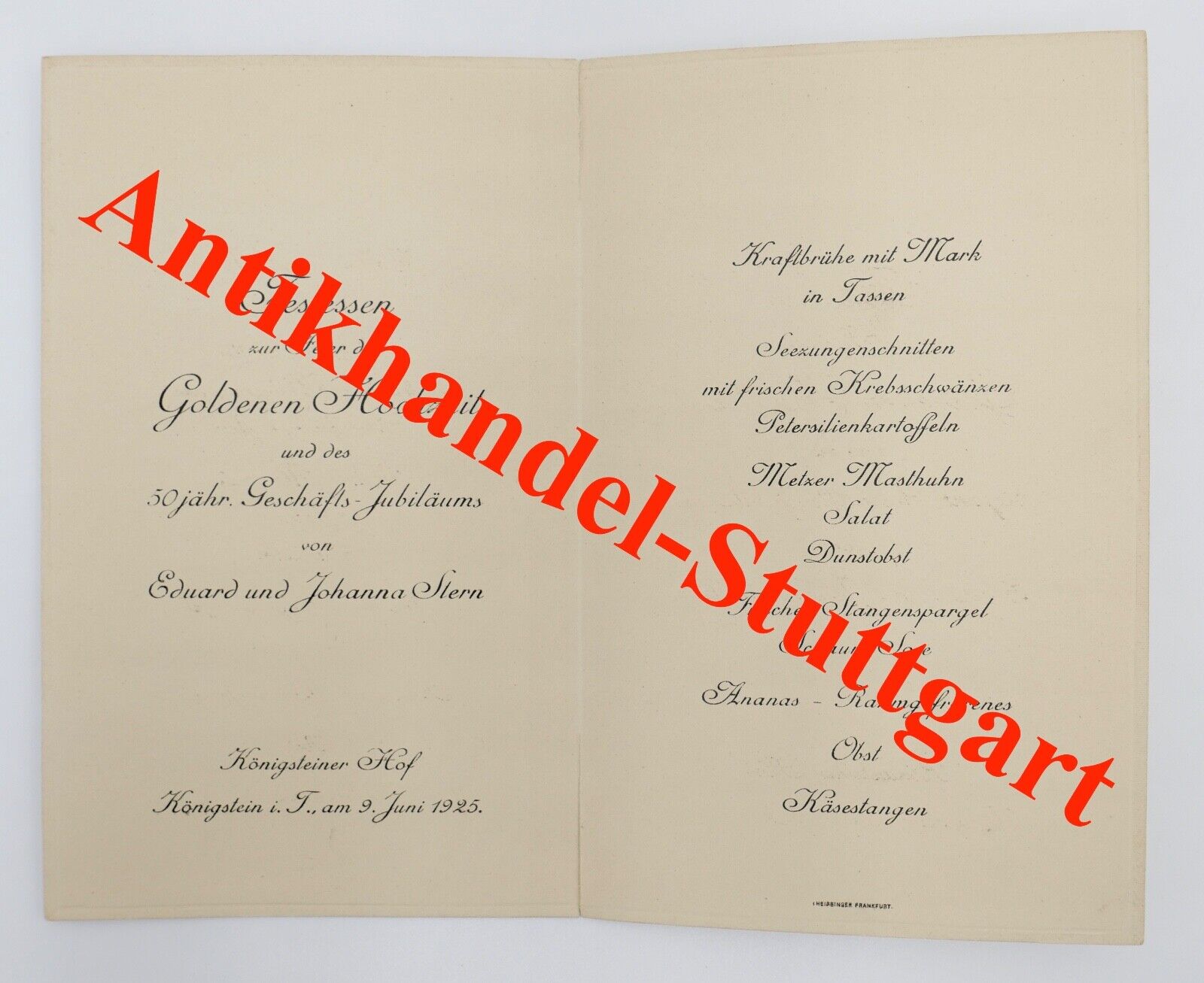 Menükarte Goldene Hochzeit & 50 jähriges Geschäfts Jubiläums 1925 EDUARD STERN - Antikhandel-Stuttgart