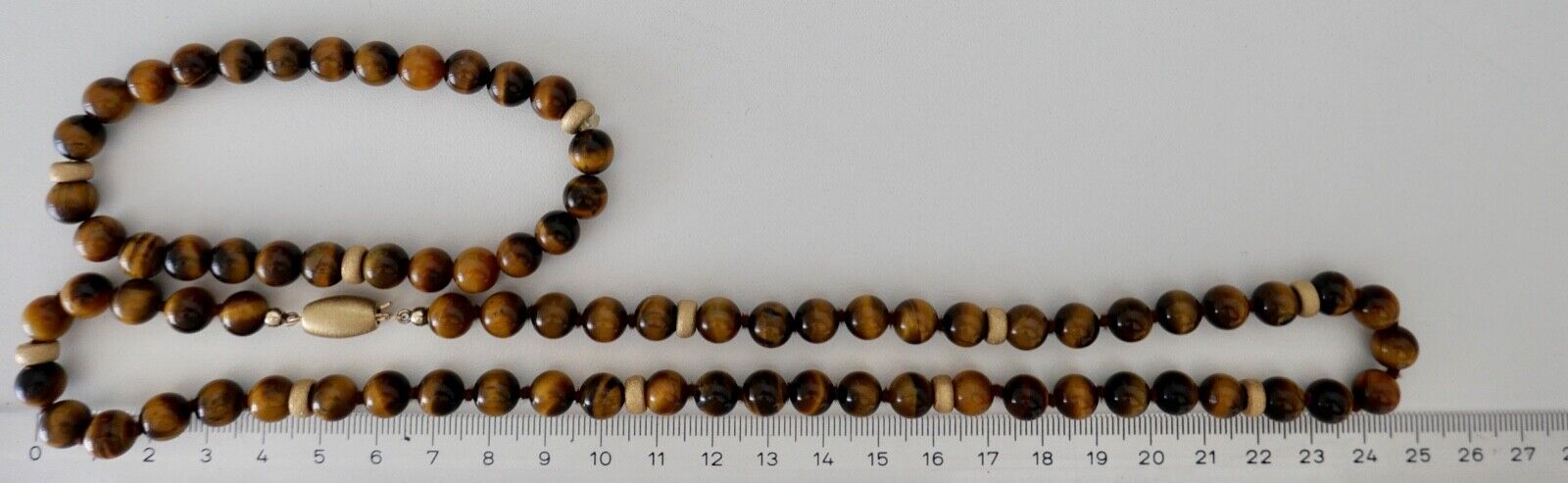 SET Kette Armreif Tiegerauge 51,5 cm Gold JKa 585 14K Perlen necklace Ø 8 mm - Antikhandel-Stuttgart