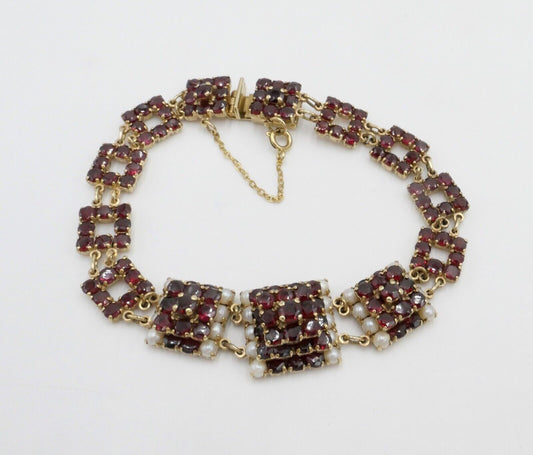 80er Jahre Gold Armband mit Granat und Perle 333 / 8 K Gold - Antikhandel-Stuttgart