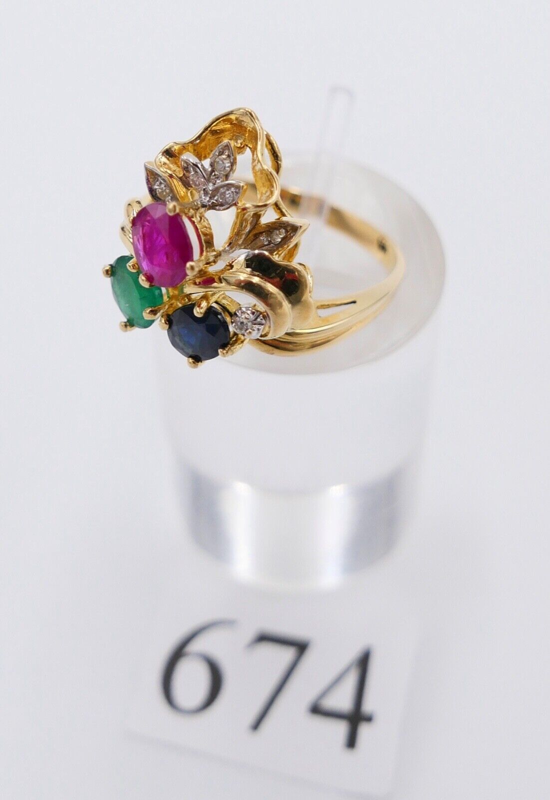 Gelbgold Ring Bunte Edelsteine 585 14K Gr.54 Diamant Smaragd Rubin Saphir 1,11Ct - Antikhandel-Stuttgart