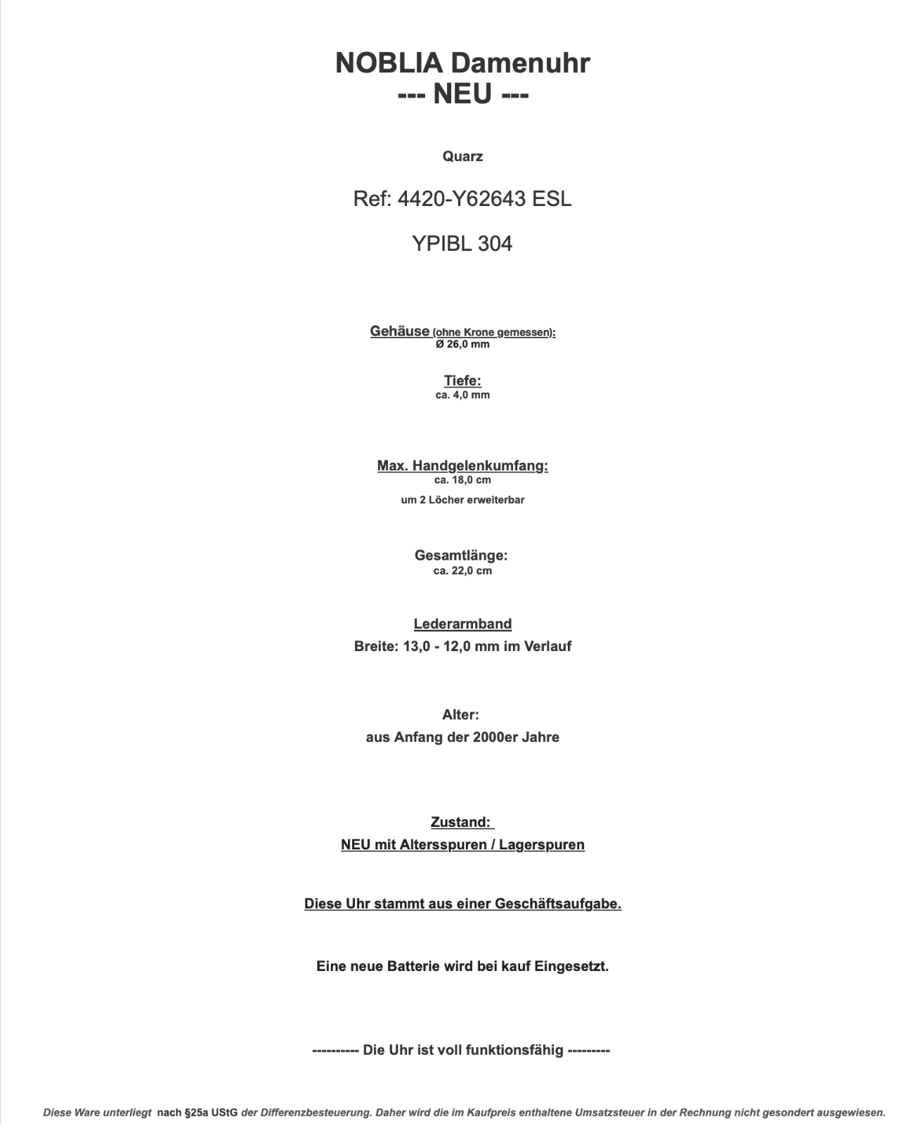 Elegante NOBLIA Damen Uhr NEU Box & Papiere YPIBL 304 / 4420-Y62643 ESL - Antikhandel-Stuttgart