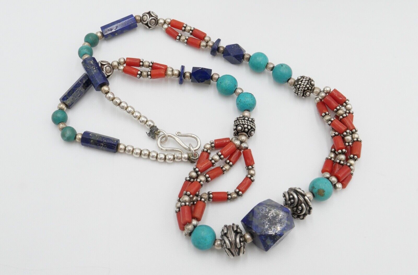 925 Silber Collier 47 cm mit Lapislazuli / Lapis / Türkis / Koralle - Antikhandel-Stuttgart