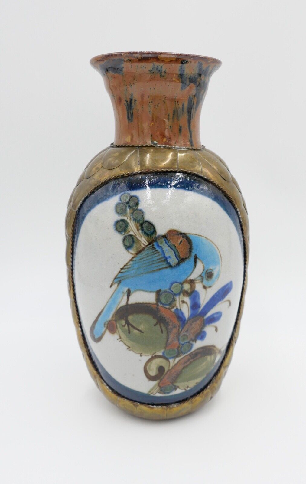 vintage unikat handbemalte Vase Messing Ton Stein Blumen Vögel Taube H: 25,7 cm - Antikhandel-Stuttgart