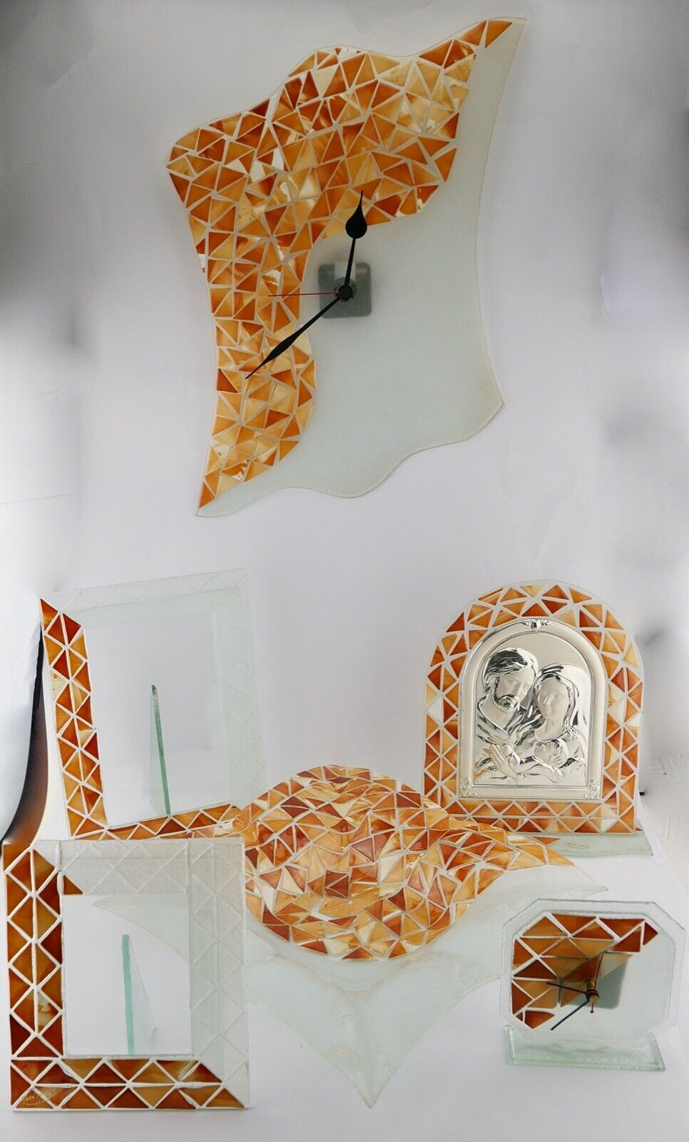 6 Teilges Wohnzimmer Set Glas Mosaik Bilderrahmen Uhr Jesus Schale aus Italien - Antikhandel-Stuttgart