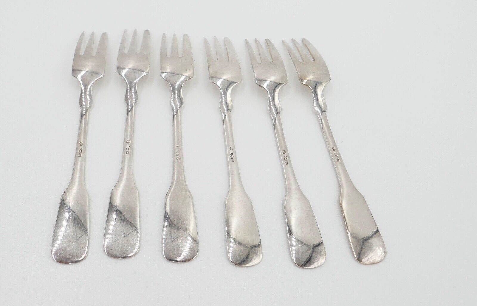 800 Silber Besteck 6 tlg. Kuchengabel Gebrüder Reiner Spatenmuster Monogramm JM - Antikhandel-Stuttgart