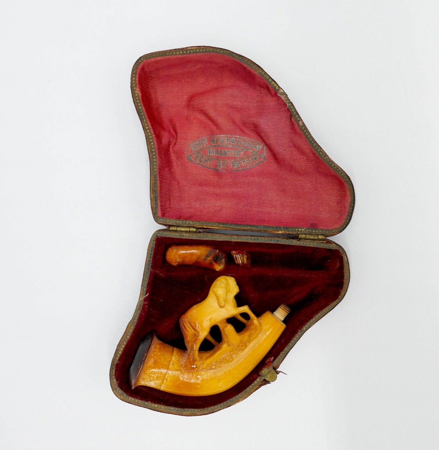 Alte Antike Meerschaumpfeife Bernstein Pipa Etui Pfeife Motiv PFERD - Antikhandel-Stuttgart