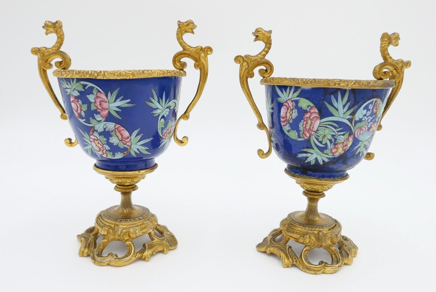 antik Mitte 19. Jhd 2x Kelch Becher Pokal feuervergoldet handbemalt Krakelee - Antikhandel-Stuttgart