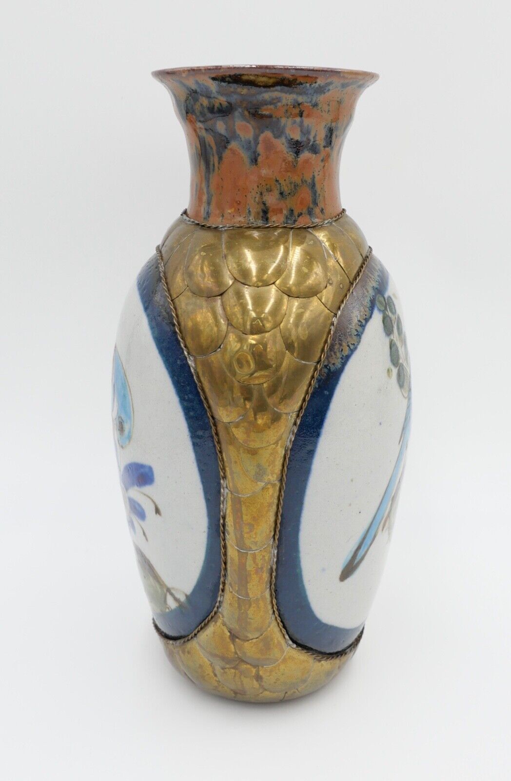 vintage unikat handbemalte Vase Messing Ton Stein Blumen Vögel Taube H: 25,7 cm - Antikhandel-Stuttgart