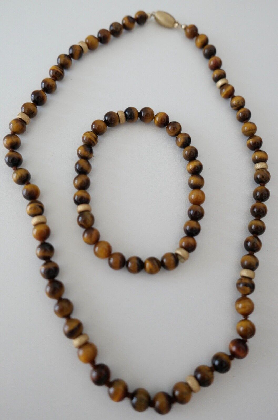 SET Kette Armreif Tiegerauge 51,5 cm Gold JKa 585 14K Perlen necklace Ø 8 mm - Antikhandel-Stuttgart