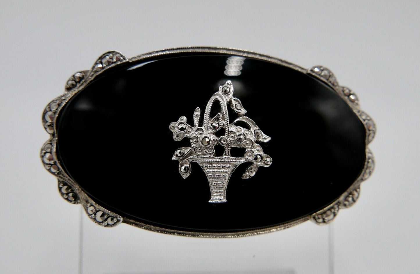 Seltene florale ONYX Markasiten 925 Silber Brosche CNP Ø 53 mm - Antikhandel-Stuttgart