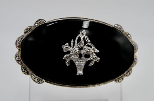 Seltene florale ONYX Markasiten 925 Silber Brosche CNP Ø 53 mm - Antikhandel-Stuttgart