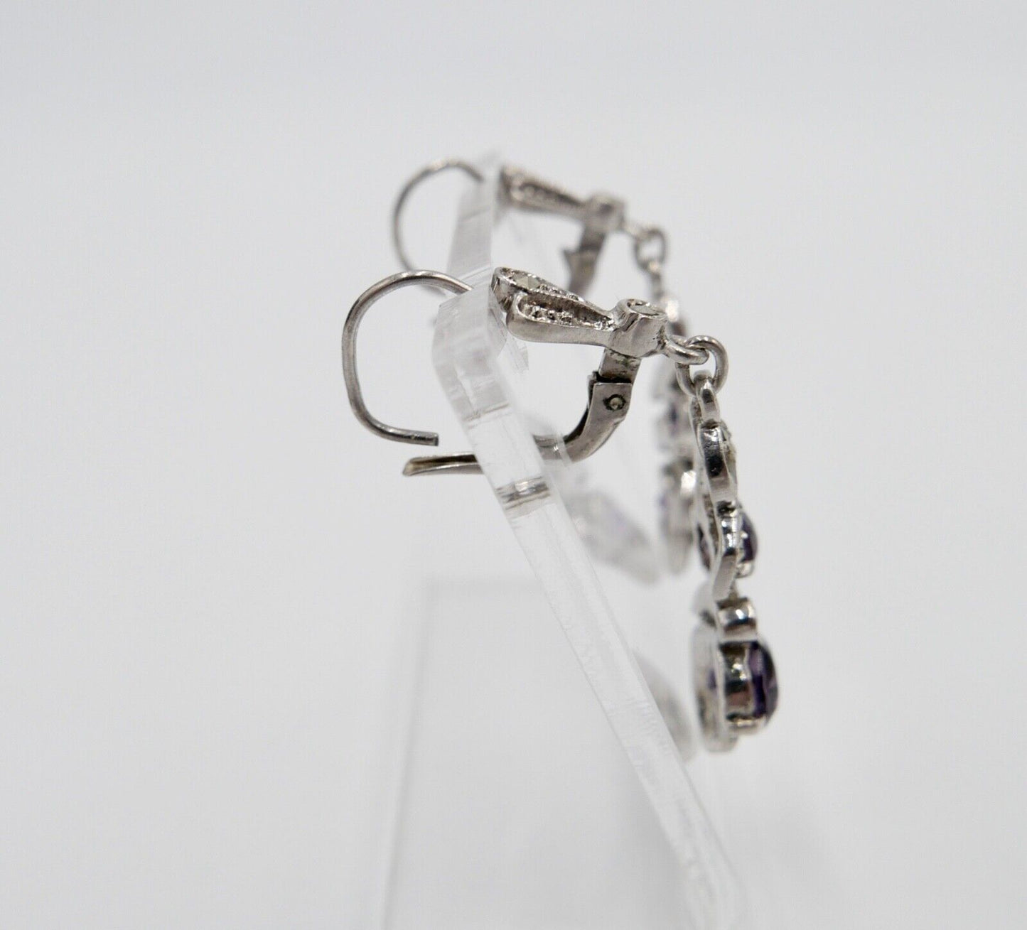 50er Jahre Ohrringe Ohrhänger 935 Silber mit Markasiten und lila Glassteinen - Antikhandel-Stuttgart