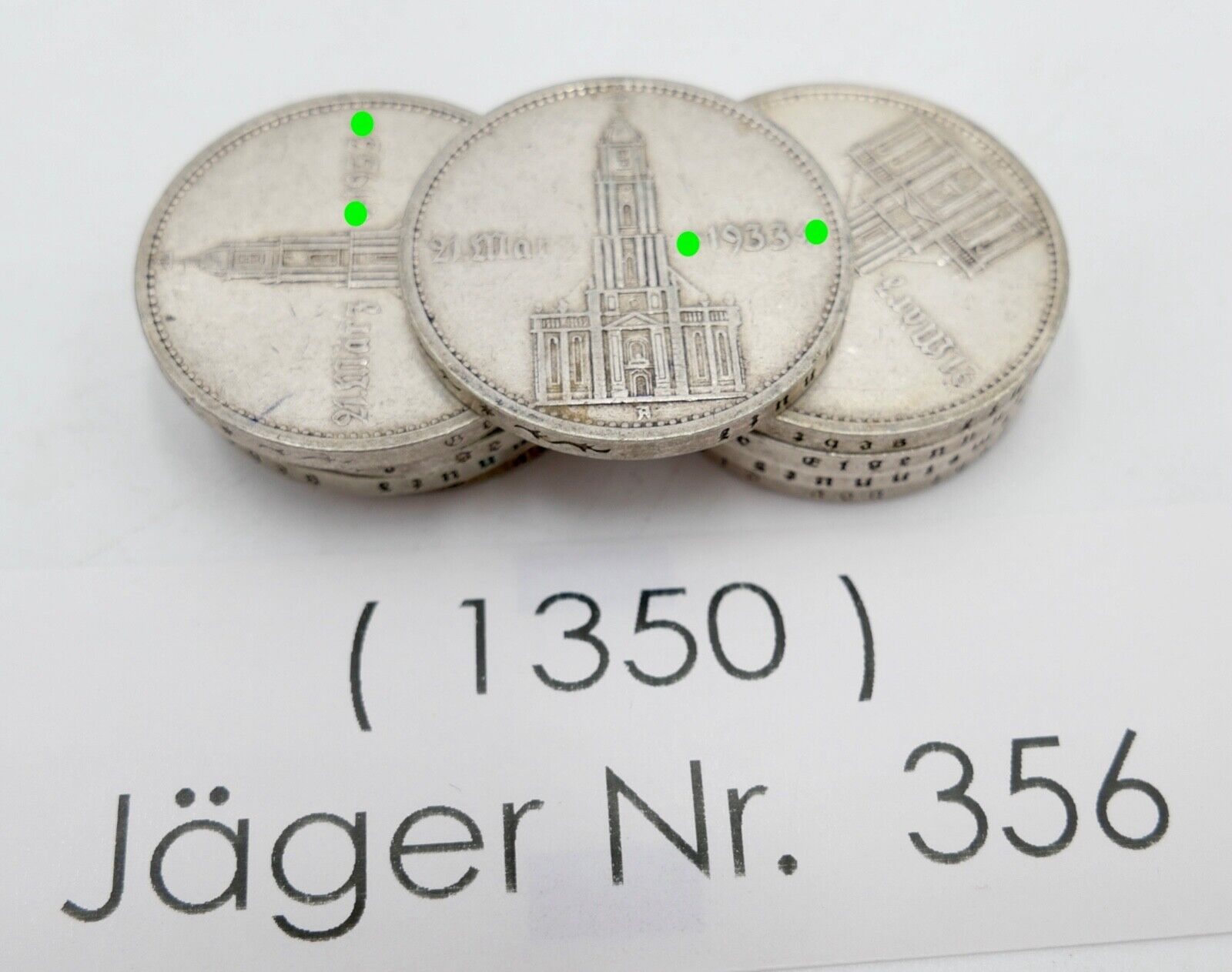 9x 5 Reichsmark 900 Silbermünzen J. 356 Garnisonskirche Datum 1934 aus Münzrolle - Antikhandel-Stuttgart