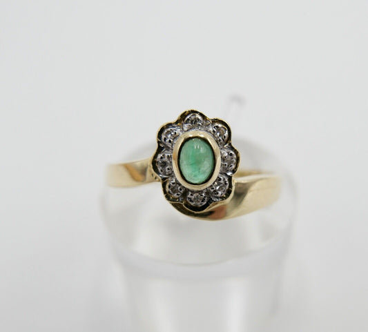 80er Jahre Gelbgold Damen Ring 585 14K Gr.54 Smaragd Cabochon & Diamant - Antikhandel-Stuttgart