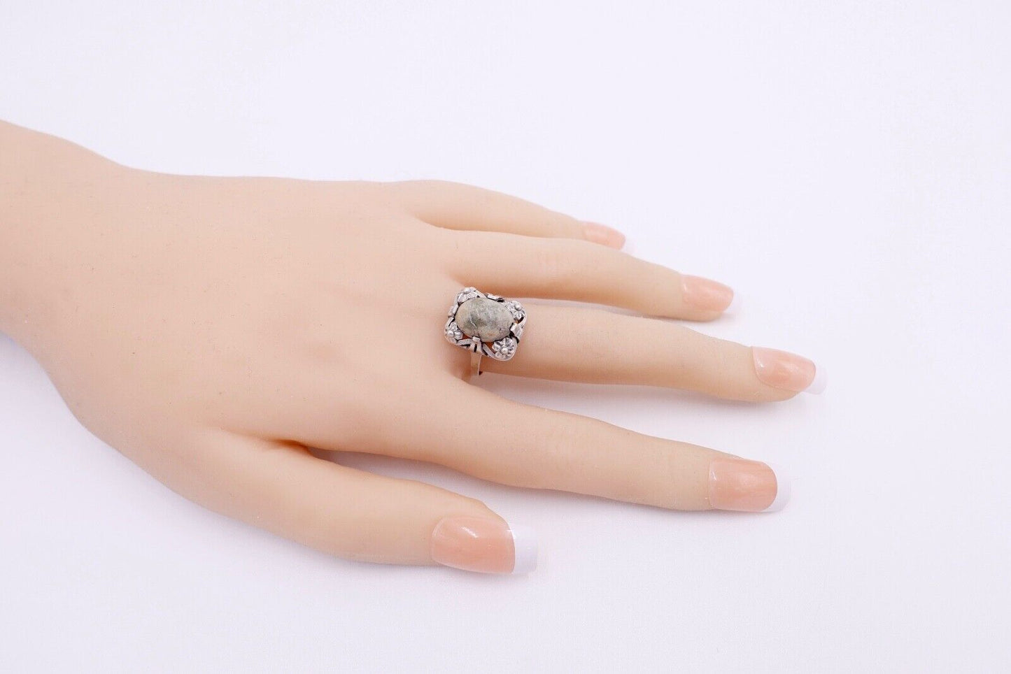 50er Jahre Damenring 835 Silber Gr. 54 mit grünem Jaspis Cabochon - Antikhandel-Stuttgart