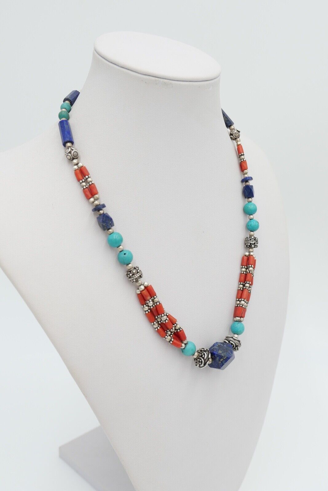 925 Silber Collier 47 cm mit Lapislazuli / Lapis / Türkis / Koralle - Antikhandel-Stuttgart