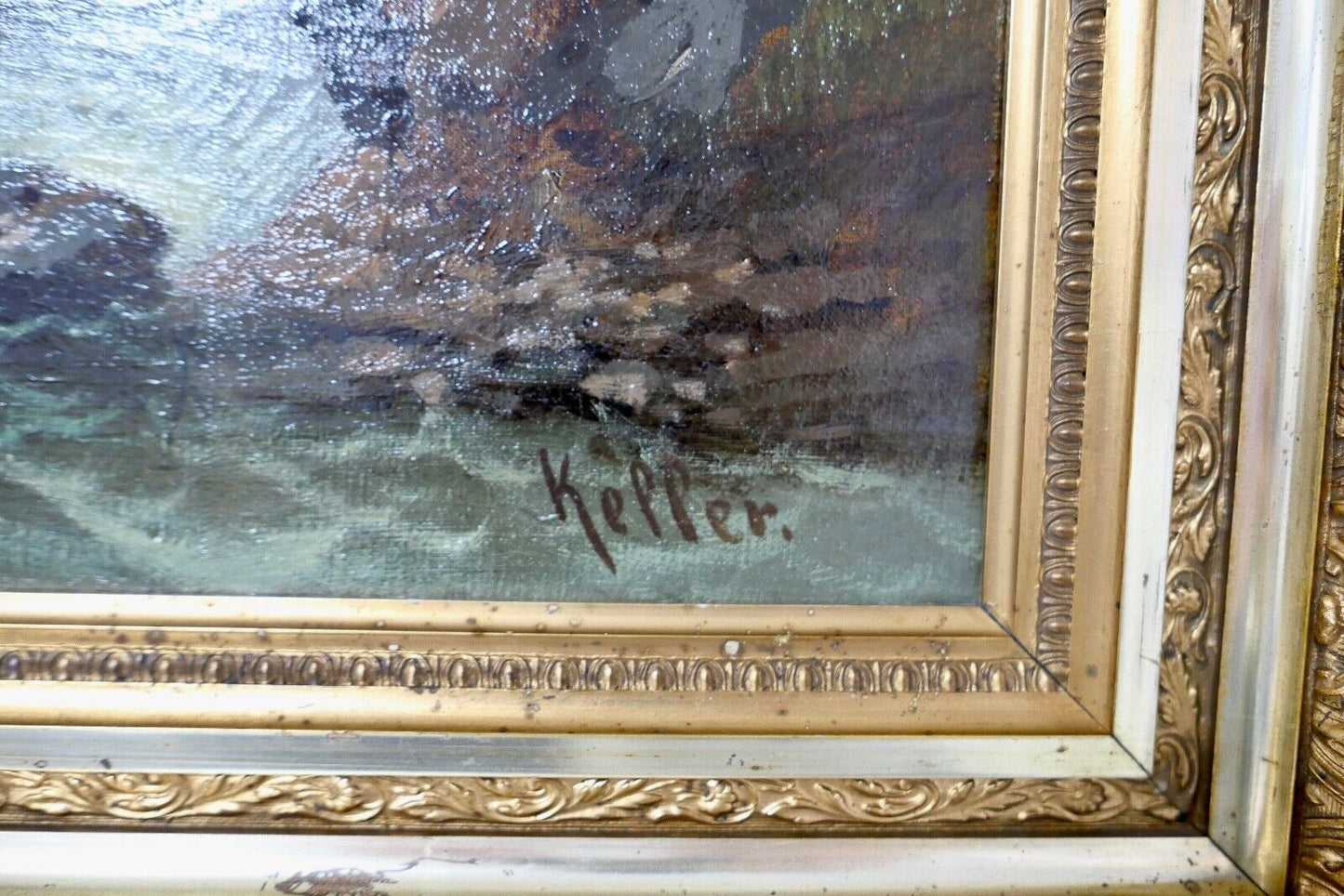 Gemälde Bach / Wald / Berg Landschaft Öl auf Leinwand Prunkrahmen 85x72cm KELLER - Antikhandel-Stuttgart