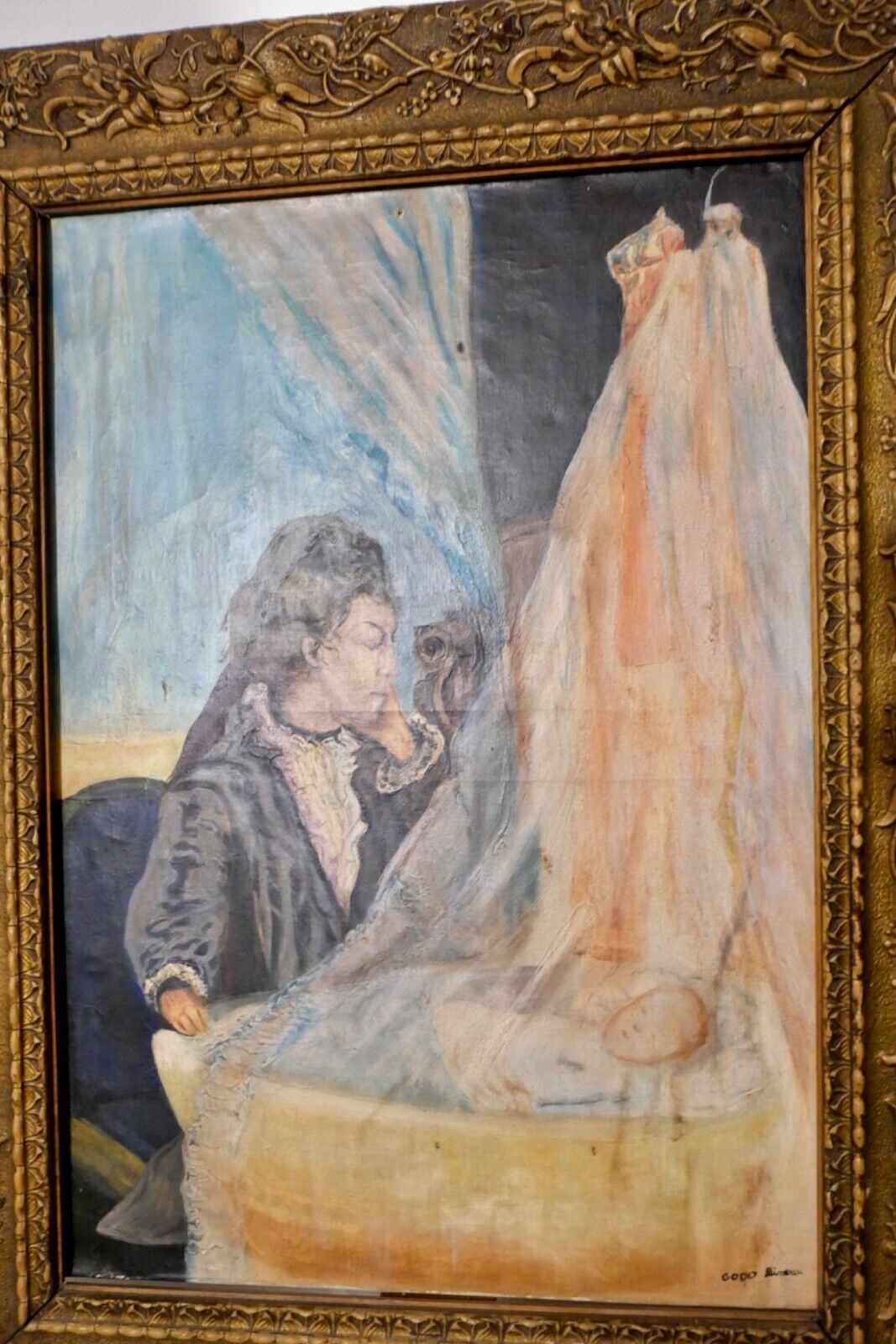 Gemälde Öl oil Leinwand 67x51 cm signiert "GODO" Vater an Kinderwiege - Antikhandel-Stuttgart