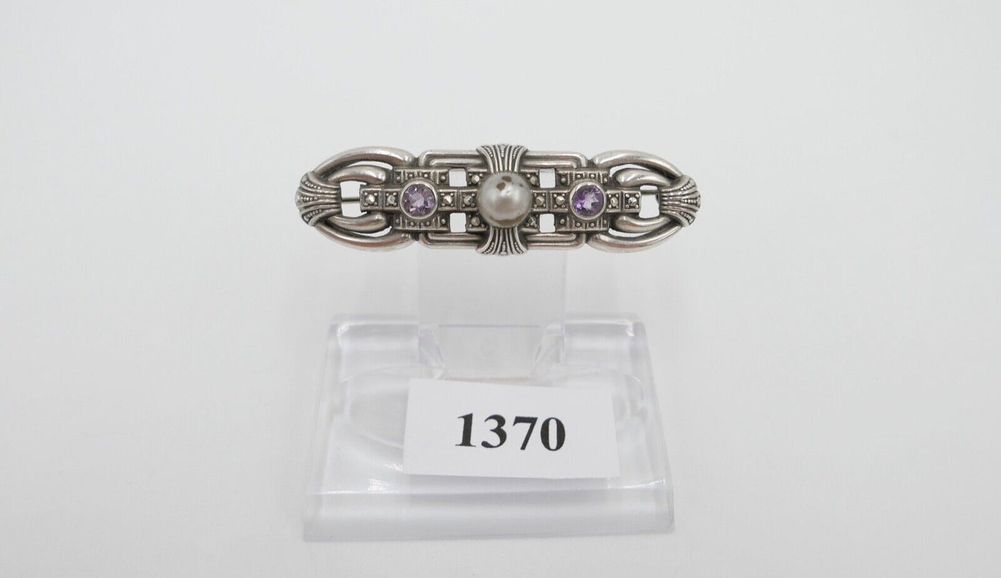 20er 30er Jahre Art Deco Silber 835 Brosche 53 mm mit lila Amethyst und Perle - Antikhandel-Stuttgart