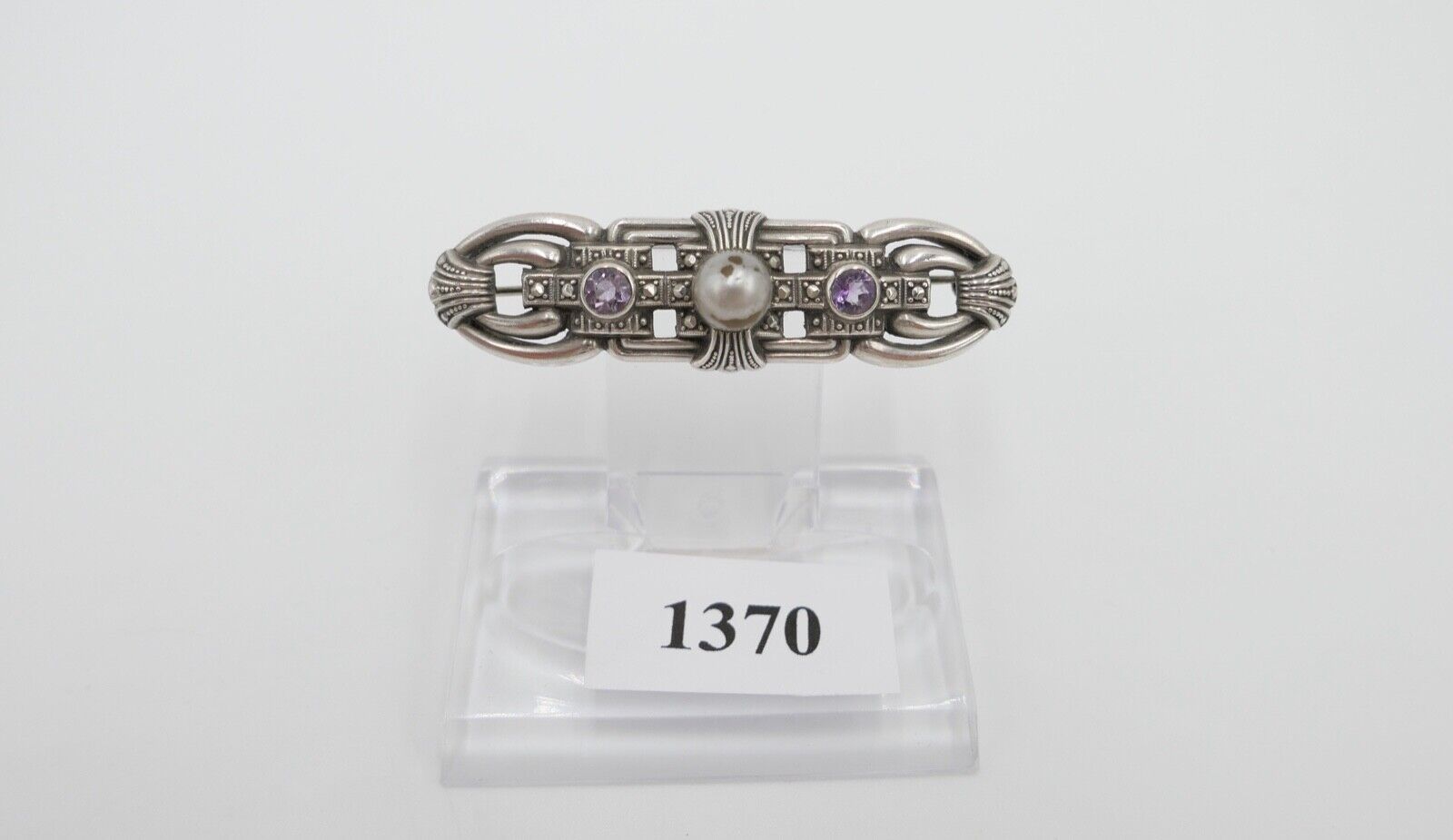 20er 30er Jahre Art Deco Silber 835 Brosche 53 mm mit lila Amethyst und Perle - Antikhandel-Stuttgart