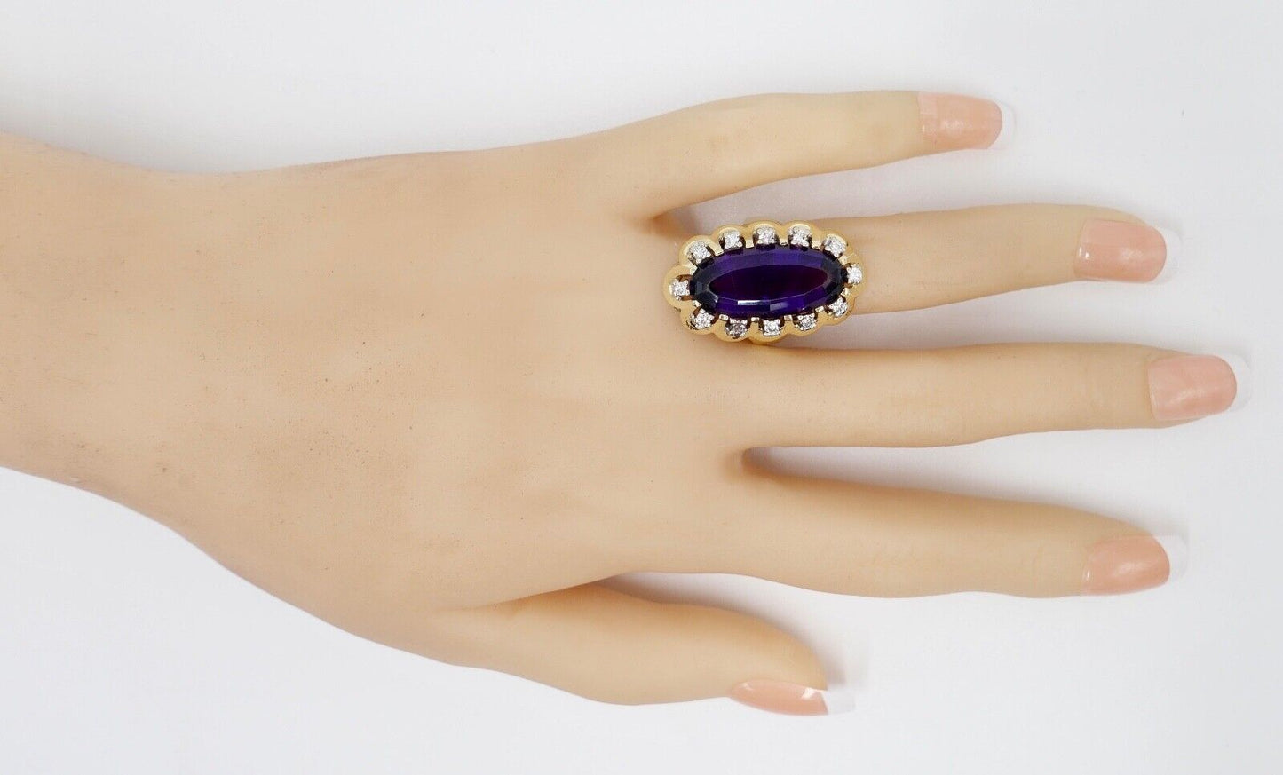 1980er Damenring Gelbgold 585 14K Brillant & Amethyst 15,68 Ctw Gr. 51-52 - Antikhandel-Stuttgart