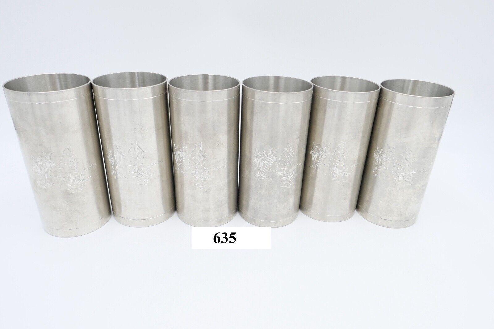 NEUwertig 6 Stück Royal SELANGOR PEWTER Zinn Tinn Becher Palmen Meer - Antikhandel-Stuttgart