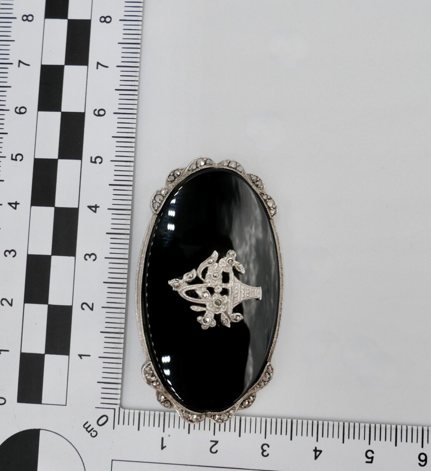 Seltene florale ONYX Markasiten 925 Silber Brosche CNP Ø 53 mm - Antikhandel-Stuttgart