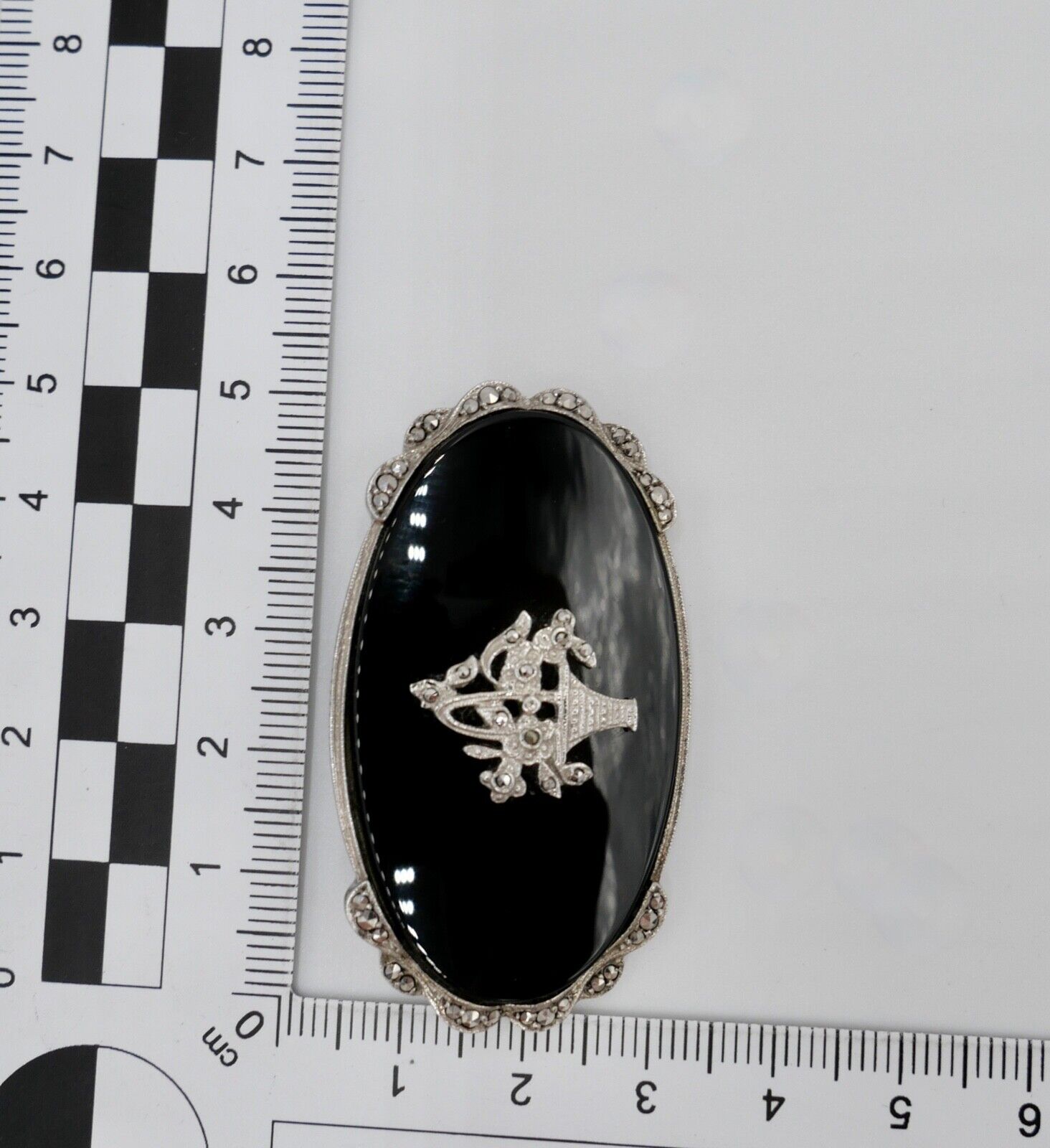 Seltene florale ONYX Markasiten 925 Silber Brosche CNP Ø 53 mm - Antikhandel-Stuttgart