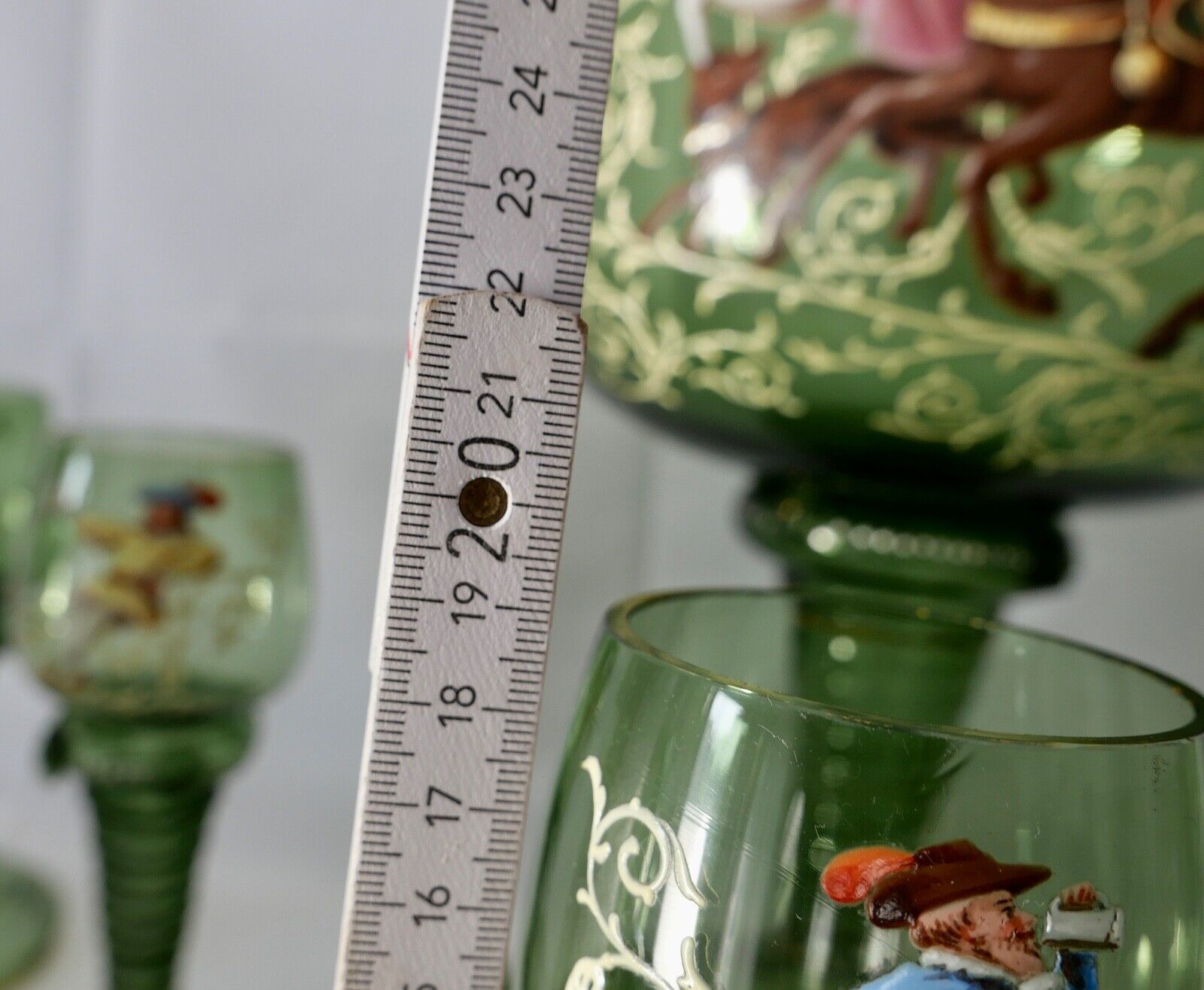 Antike Weinrömer Gläser Pokal XXL Bowle Set grün Emaille RAR Goldrand 53cm 1900 - Antikhandel-Stuttgart