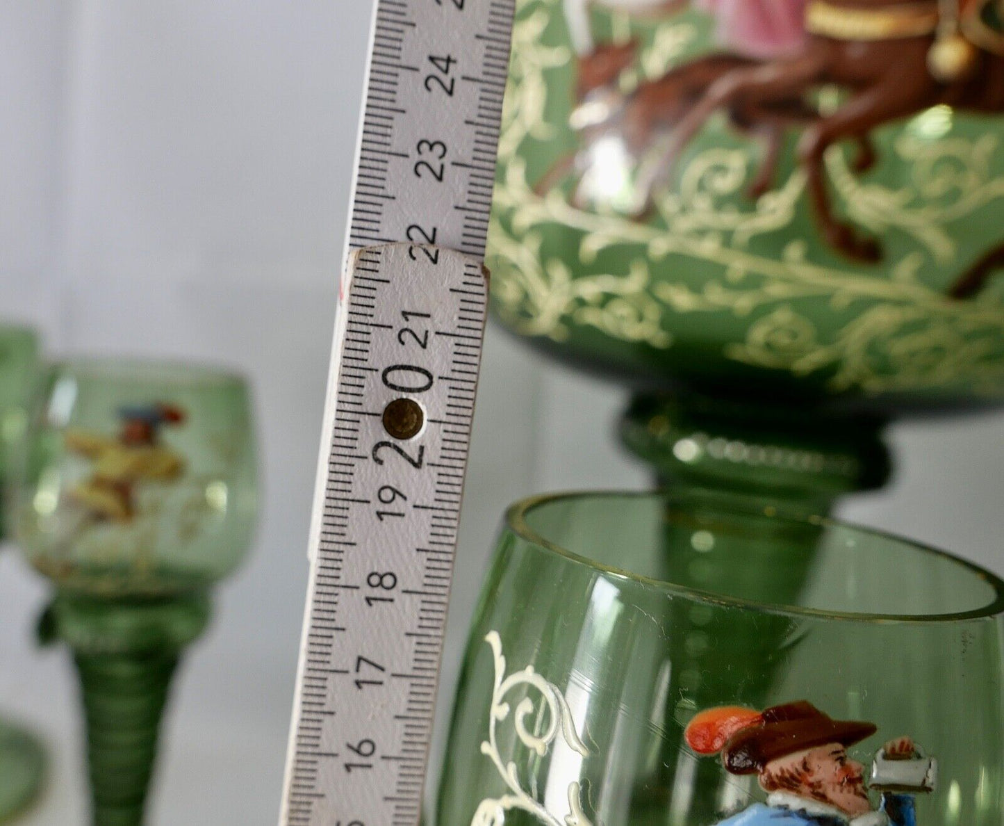 Antike Weinrömer Gläser Pokal XXL Bowle Set grün Emaille RAR Goldrand 53cm 1900 - Antikhandel-Stuttgart