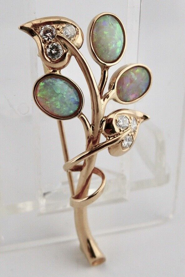 Florale 585 14K Gelbgold Brosche mit Opal und 0,66 Ct Brillanten Ø 50 mm Blume - Antikhandel-Stuttgart