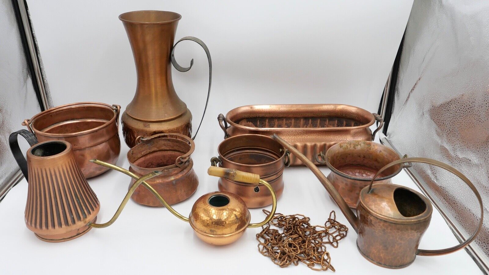 Posten 9 Teile Kupfer Kanne Kübel Gießkanne für Blumen etc. Dekoration - Antikhandel-Stuttgart