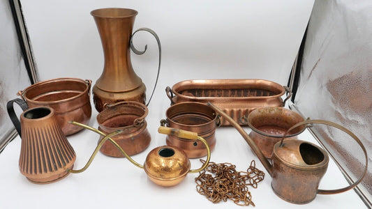 Posten 9 Teile Kupfer Kanne Kübel Gießkanne für Blumen etc. Dekoration - Antikhandel-Stuttgart