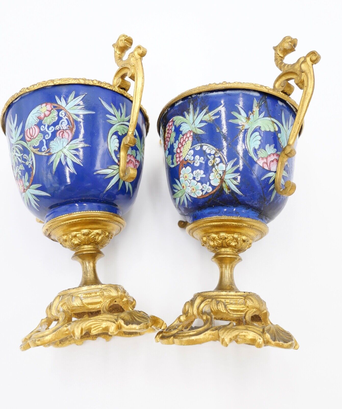 antik Mitte 19. Jhd 2x Kelch Becher Pokal feuervergoldet handbemalt Krakelee - Antikhandel-Stuttgart