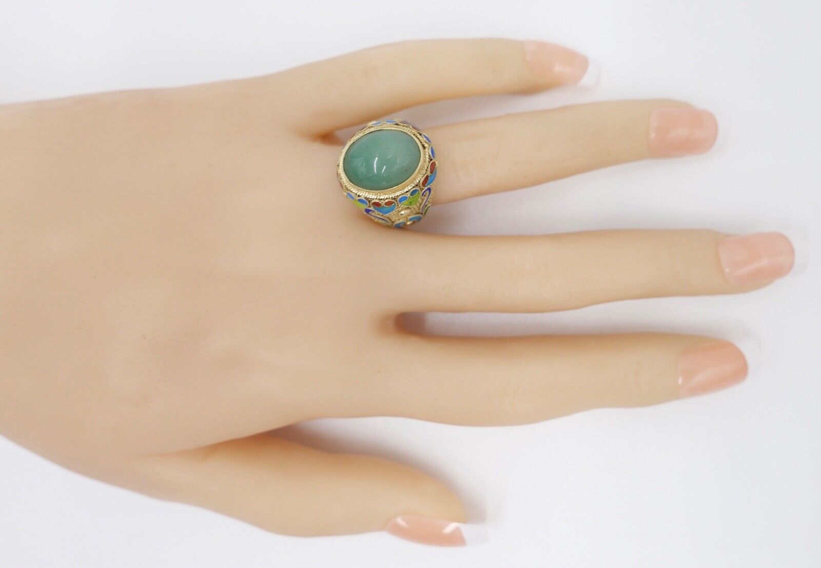 Alter Silber Ring China Silver Emaille & Jade Cabochon Email Gr. 51 vergoldet - Antikhandel-Stuttgart