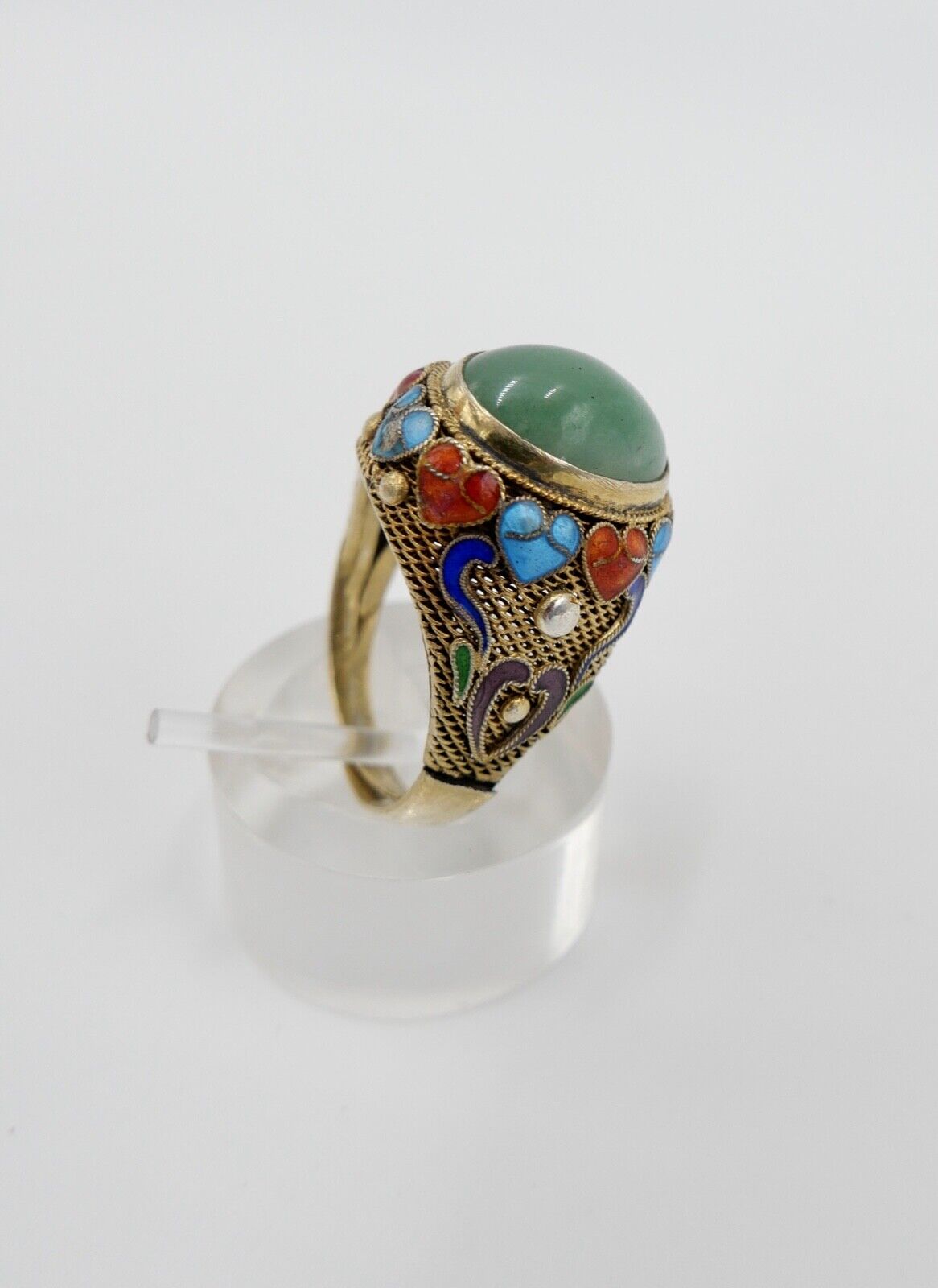 60er Jahre Silber Ring vergoldet Emaille Jade Cabochon Gr. 55 China Silver - Antikhandel-Stuttgart