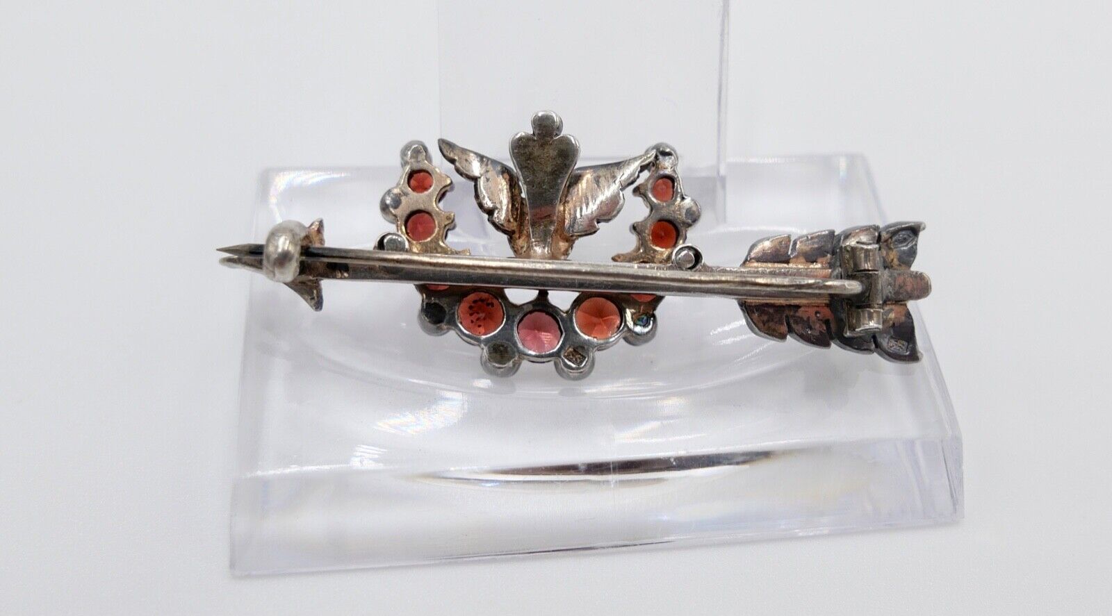 Antike 19. JH WIEN Pfeil Brosche Fluß Saatperlen Granat Silber vergoldet 48mm - Antikhandel-Stuttgart