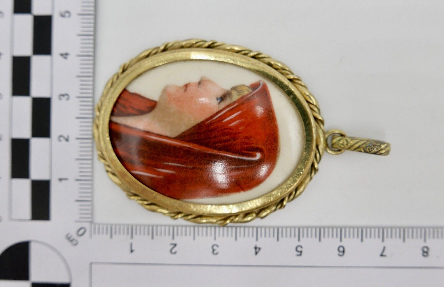 Altes Porzellan Amulett Anhänger Limoges Frankreich Junge Damen 55x43 vergoldet - Antikhandel-Stuttgart