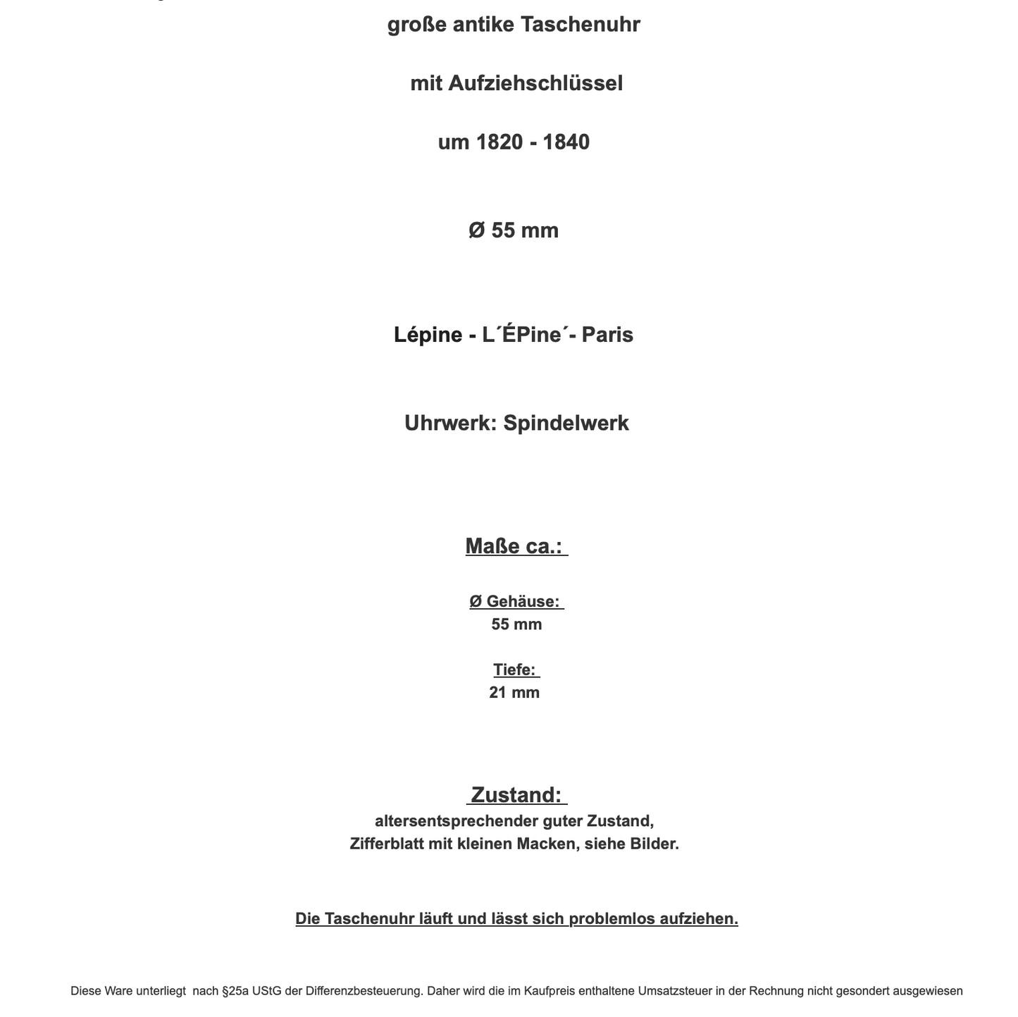 große antike Taschenuhr 55mm 1820 - 1840 Lepine - L Epine Paris Spindelwerk - Antikhandel-Stuttgart